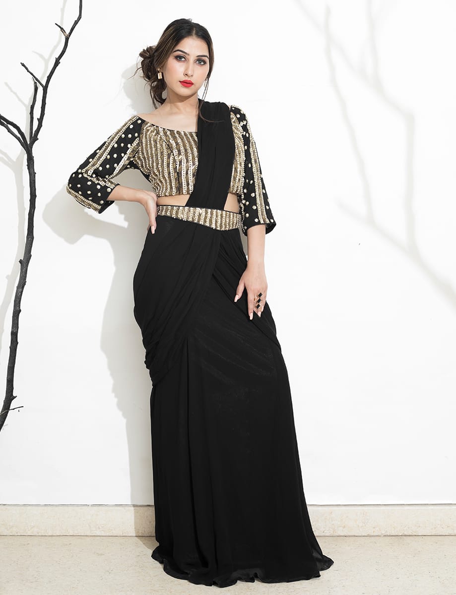 Buy Black Heavy Crepe Placement Embellished Son Chidiya V Neck Saree Gown  For Women by Masaba Online at Aza Fashions.